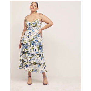 Women's Reformation White Blue Floral Tiered Midi Dress Size 6